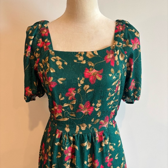 Draper James Emerald Green Floral Puff Sleeve Square Neck Midi Dress Small - Picture 3 of 11